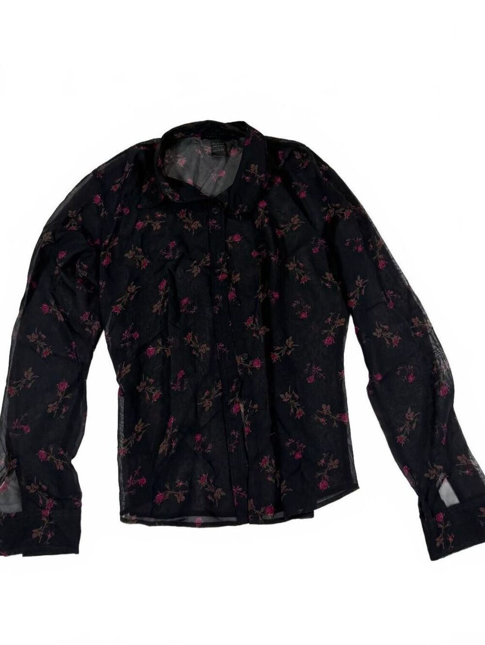 2000s Express Black Floral Sheer Long Sleeve Button Up Blouse Size L